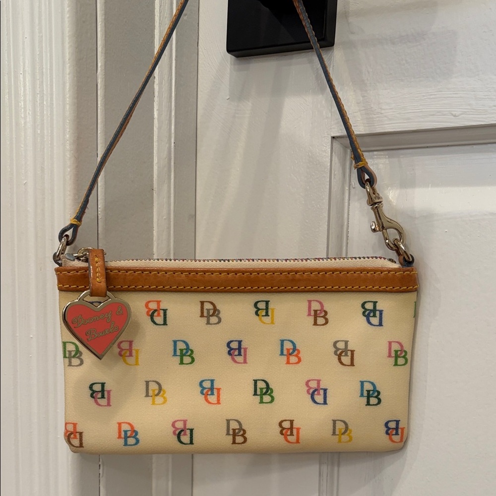 Y2K Dooney & Bourke Cream Multicolor Rainbow DB Logo Wristlet with Heart Charm